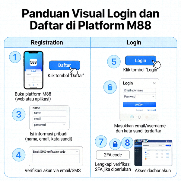 Panduan visual langkah demi langkah untuk proses login dan daftar di platform M88